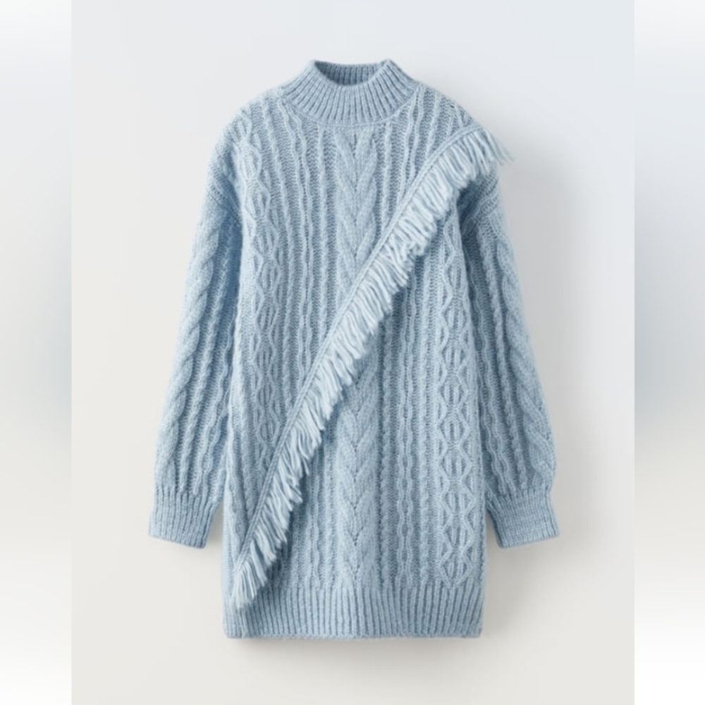 Zara Kids Light Blue Cable Knit Sweater Dress With Fringe Detail Sz-13/14